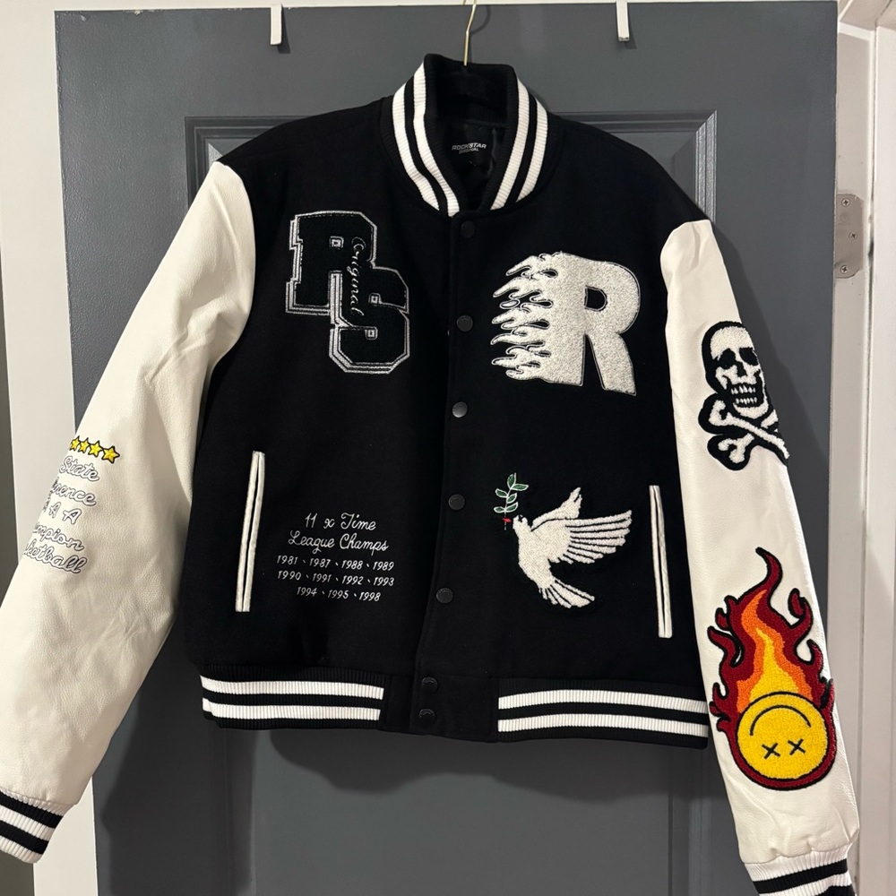 Rockstar Original Black and White Aniya Oversized Varsity Jacket.